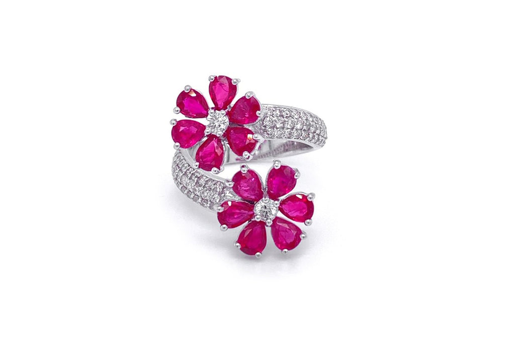 Ring 2 Ruby Flowers 18kt Gold & Diamonds - Albert Hern Fine Jewelry
