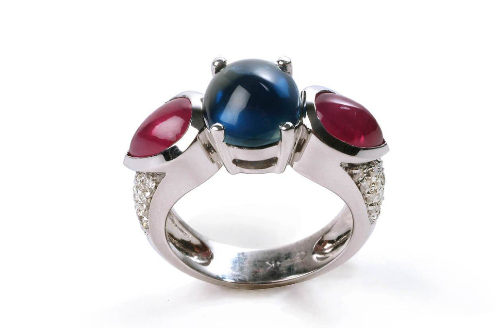 Ring Ruby & Sapphire Cabochon White Gold - Albert Hern Fine Jewelry