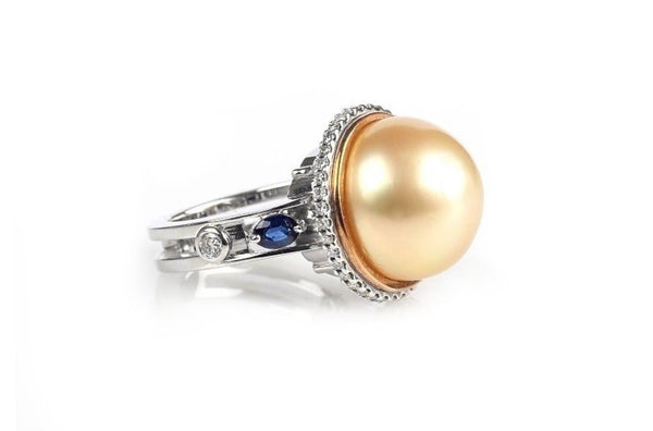 Ring South Sea Golden Pearl with Diamonds & Blue Sapphire - Albert Hern Fine Jewelry