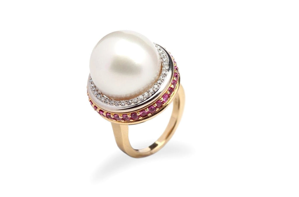 Ring South Sea Pearl with Pink Sapphires & Diamonds - Albert Hern Fine Jewelry