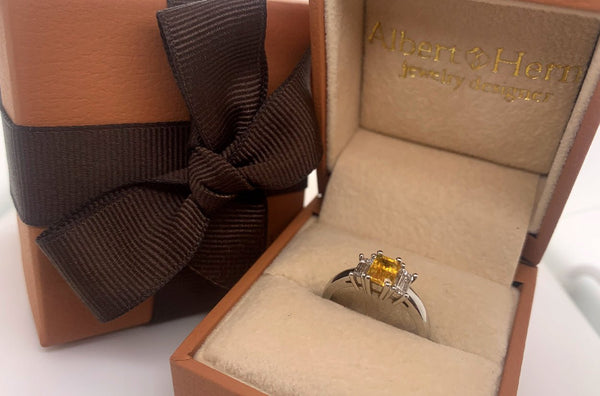 Ring Three Stones Platinum One Yellow Sapphire and Two Diamonds - Albert Hern Fine Jewelry