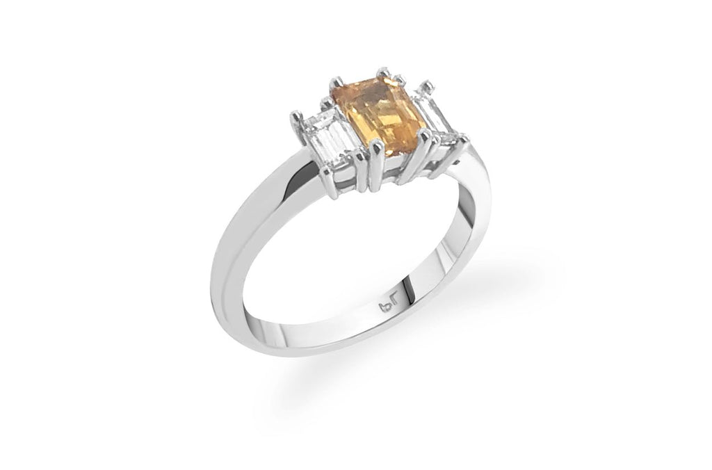 Ring Three Stones Platinum One Yellow Sapphire and Two Diamonds - Albert Hern Fine Jewelry