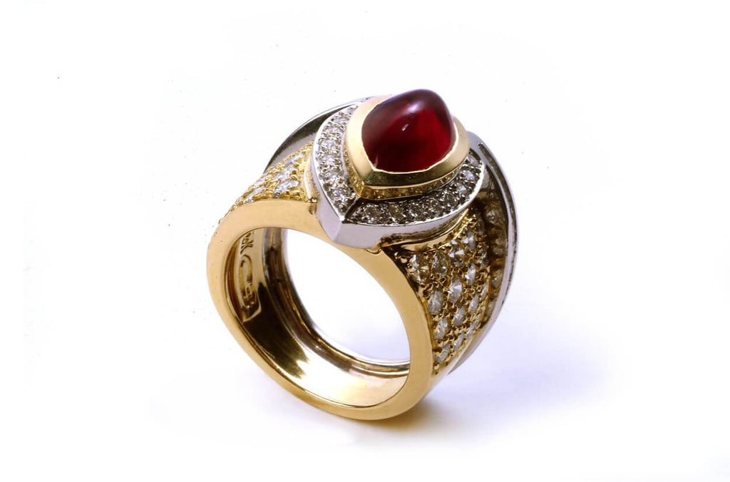 Ring Two Tone Gold, Pear Shape Ruby & Diamonds - Albert Hern Fine Jewelry