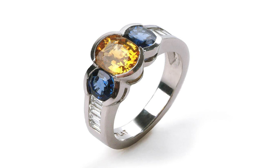 Ring Yellow & Blue Oval Sapphires in Platinum - Albert Hern Fine Jewelry