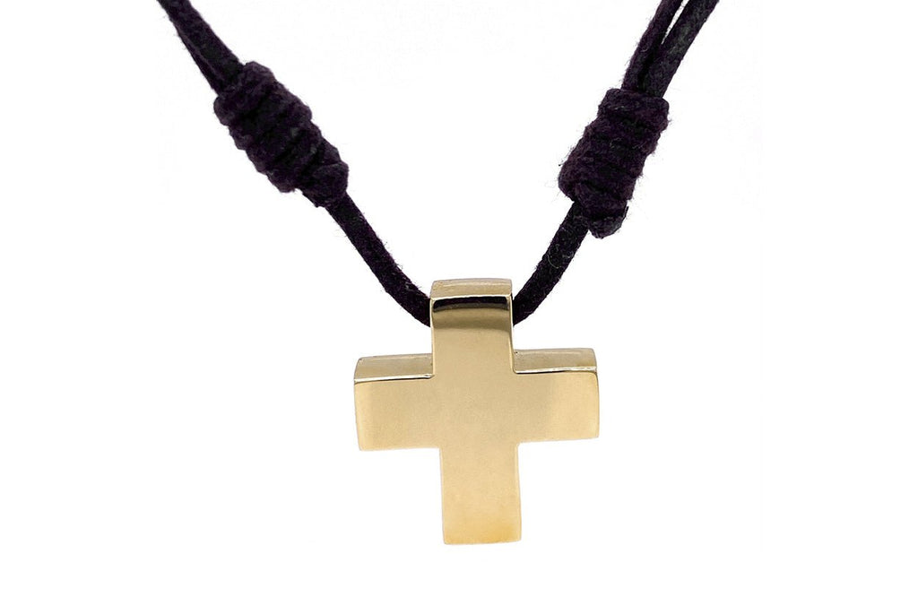 Small Cross 18kt Gold Pendant with Leather - Albert Hern Fine Jewelry